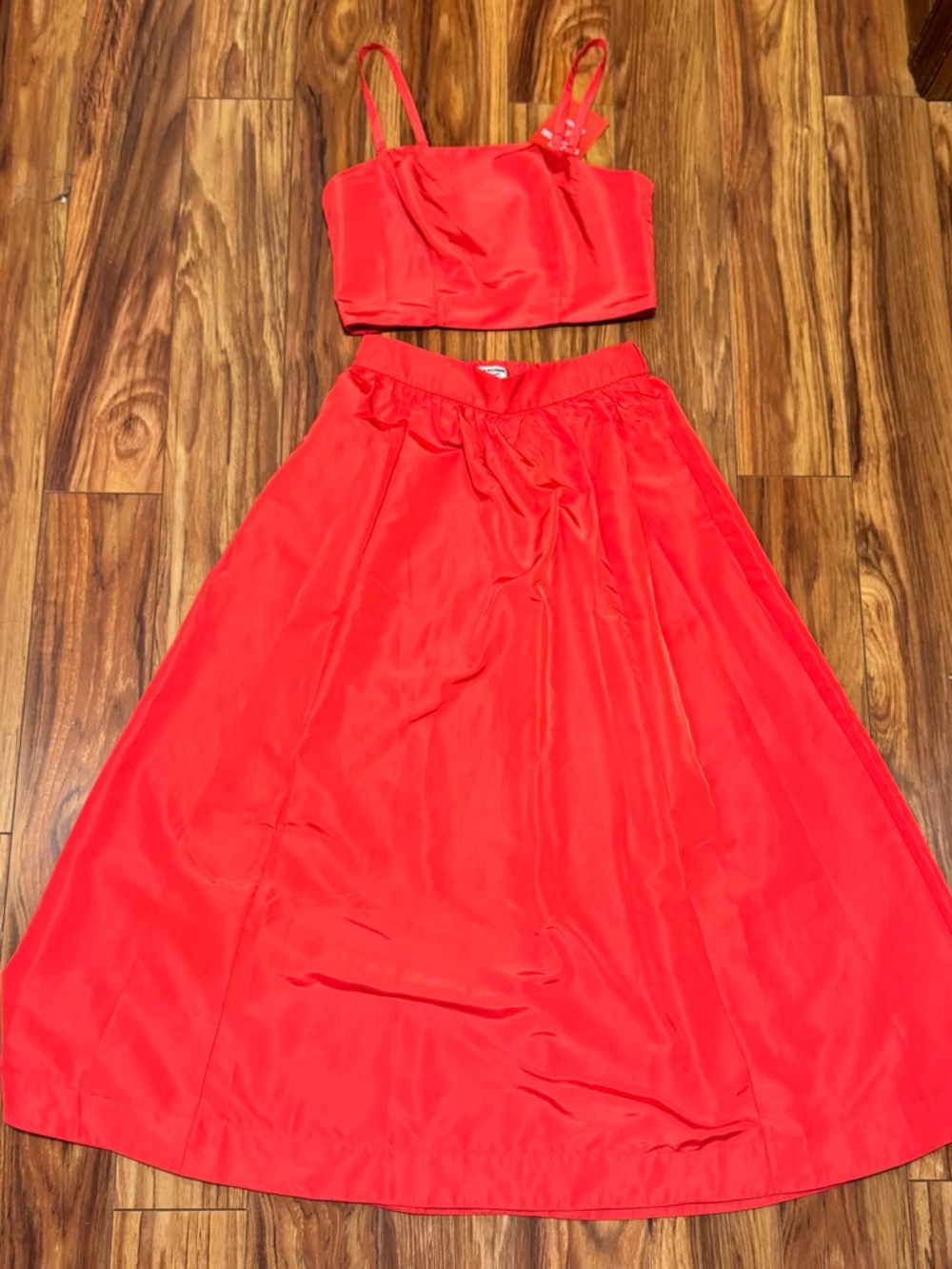 Bright Coral Two-Piece Satin Crop Top and Maxi Skirt Set
